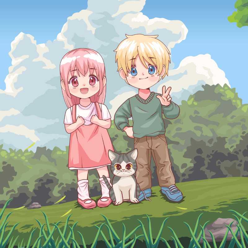 Niedliche Kinder mit Katze in einem grünen Park