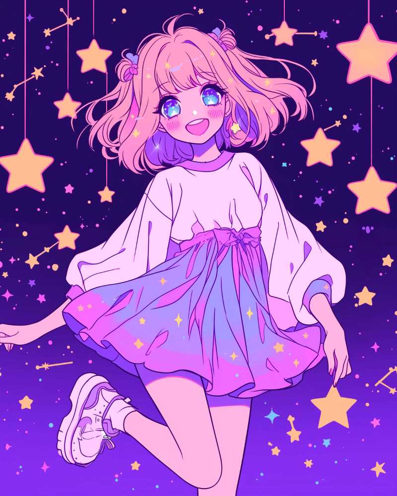 Garota fofa com cabelo rosa e vestido estrelado