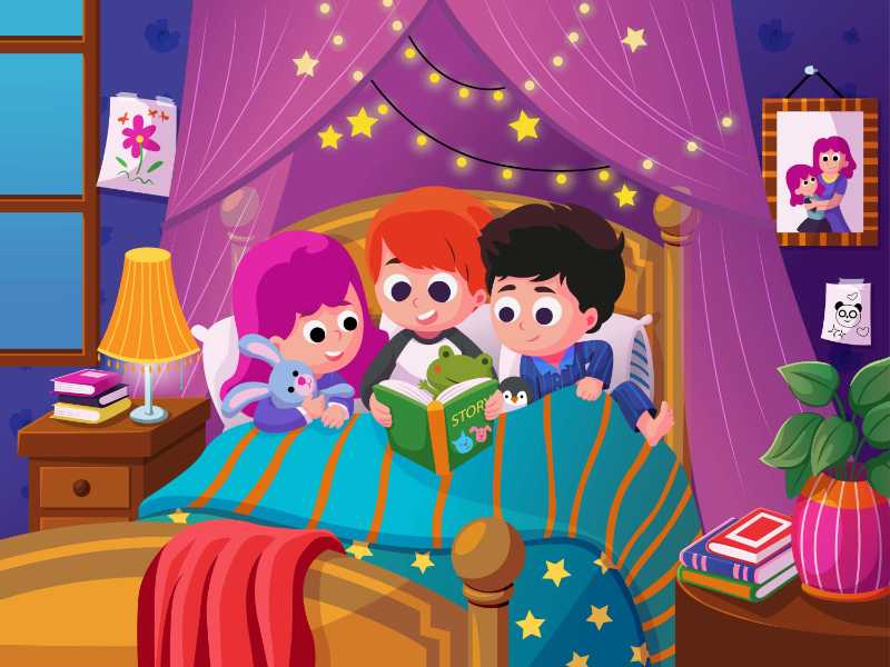 cute illustration boy reading bedtime story book his friend lying bed window