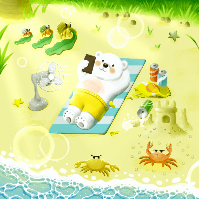 Cute Polar Bear Summer Vacation on the Beach