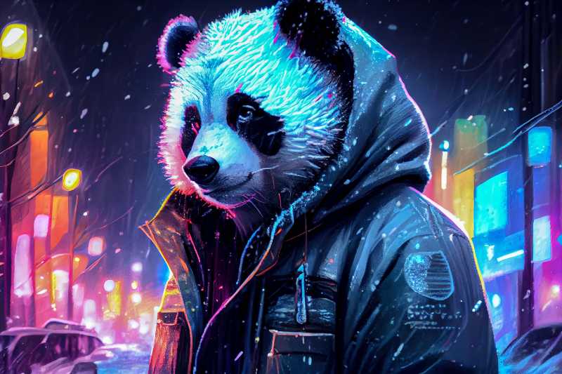 Panda ciberpunk al aire libre en invierno