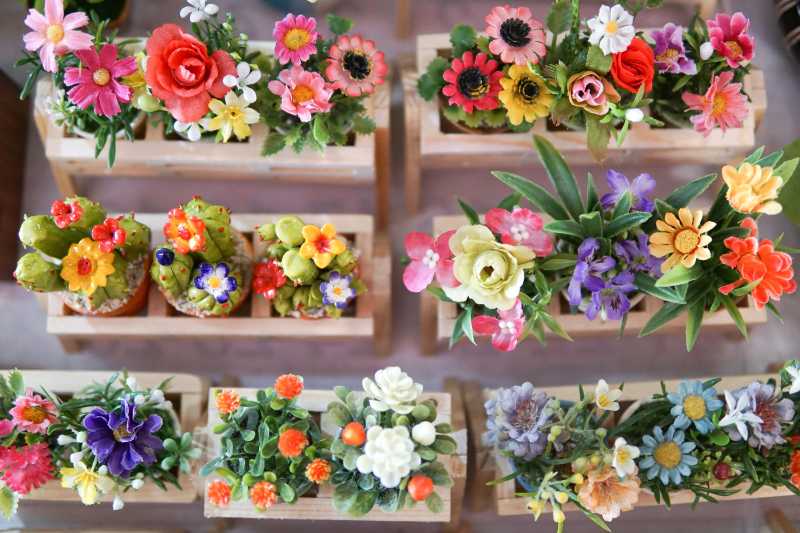 장식용 미니 꽃과 선인장 공예품 밝은 핸드메이드 홈 데코