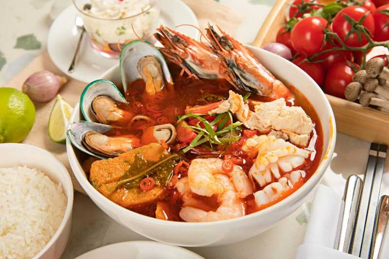 Delicious seafood tom yum soup with fresh ingredients