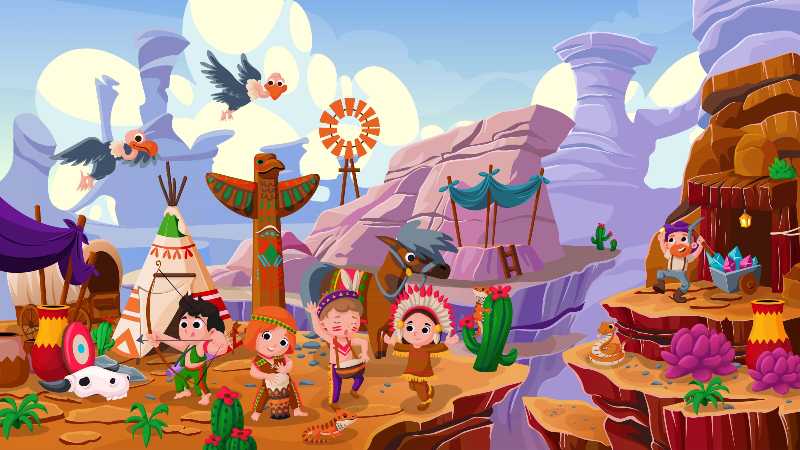 沙漠生态系统插图描绘了印度部落与各种动物的活动