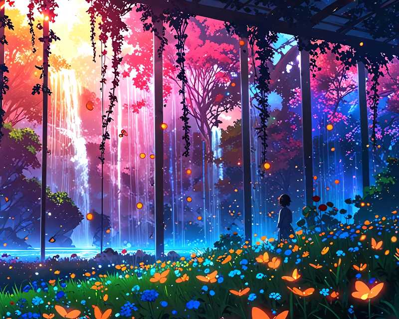 Dreamy Anime-Style Forest with Neon Pink and Blue Glow