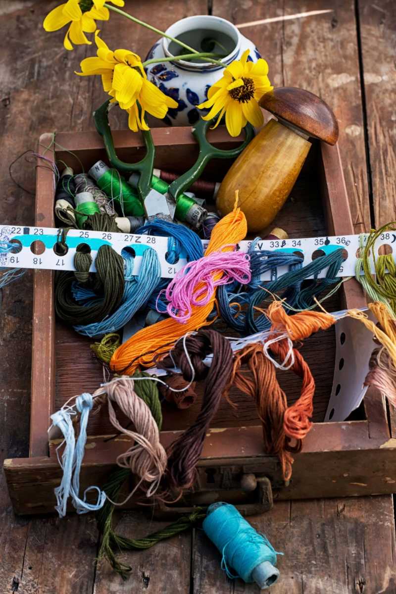 Elements of needlework in wooden box