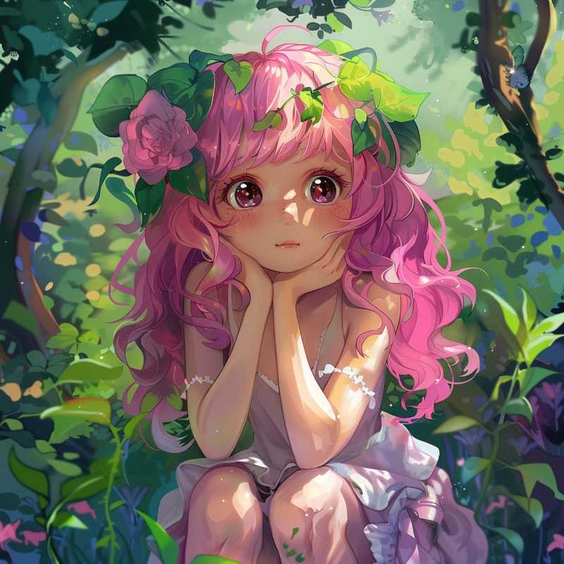 Fee Mädchen mit rosa Haaren trägt eine Blumenkrone im Wald