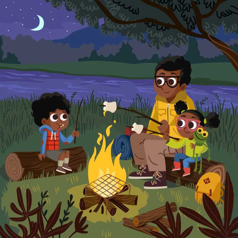 family camp a father and his children roasting marshmallows at night