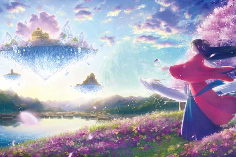 Fantasy-Anime-Landschaft mit Frau und Drache