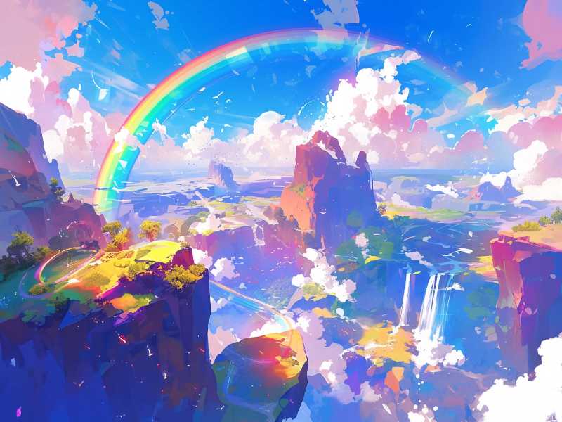 Fantasy Magic Landscape with a Bright Rainbow