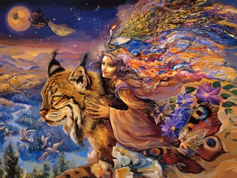 奇幻仙境绘画女人和山猫