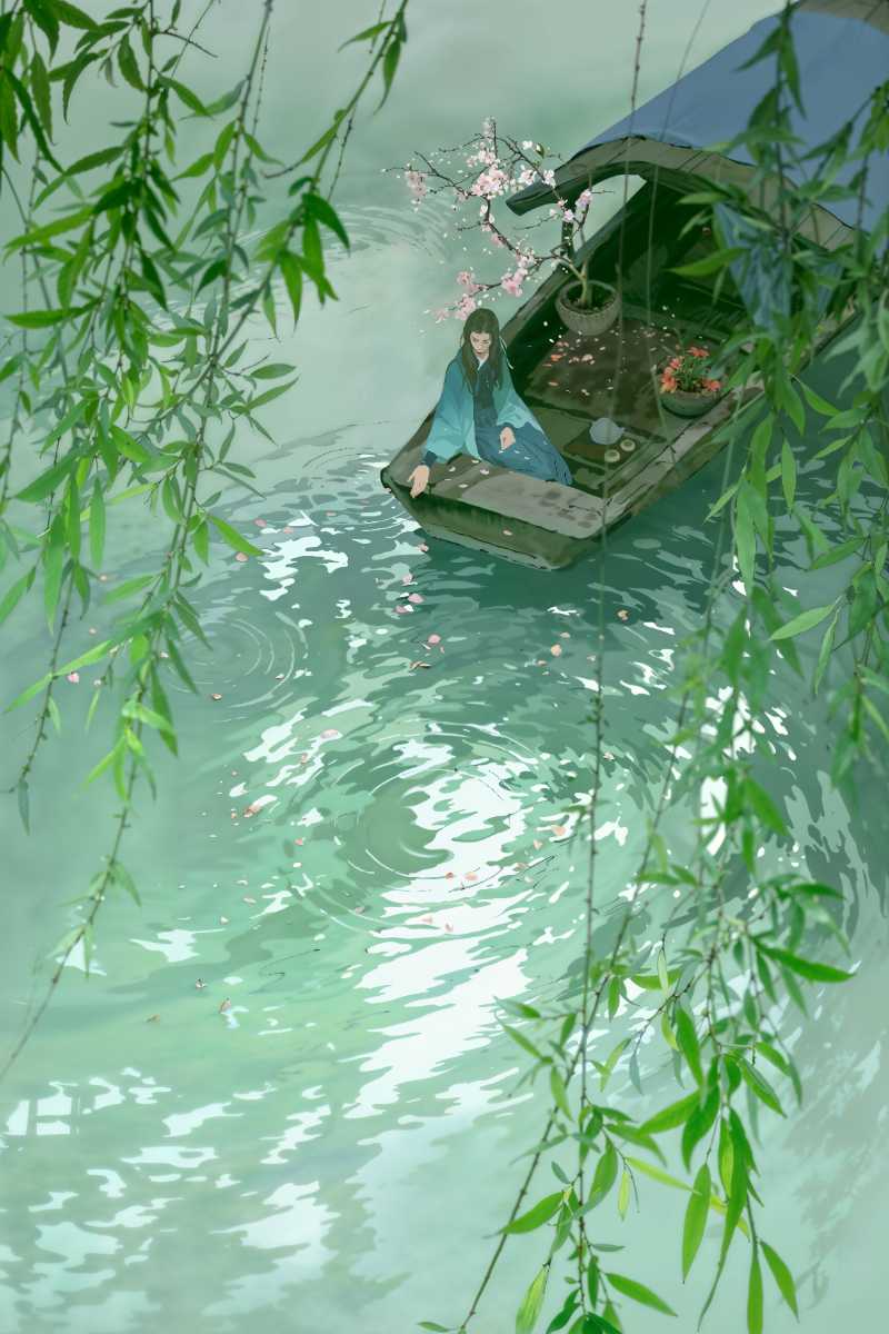 Schwimmendes Boot umgeben von Kirschblüten und Weiden