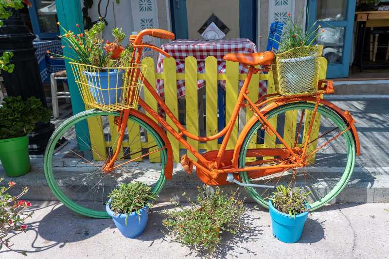 Flower pots in basket of vintage bicycle in the courtyard