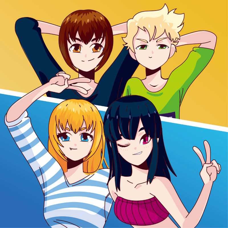 Gruppenfoto mit vier Cartoon-Teenagern