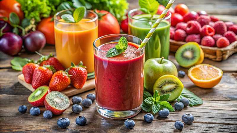 Fresh Fruit and Vegetable Smoothies on a Wooden Table