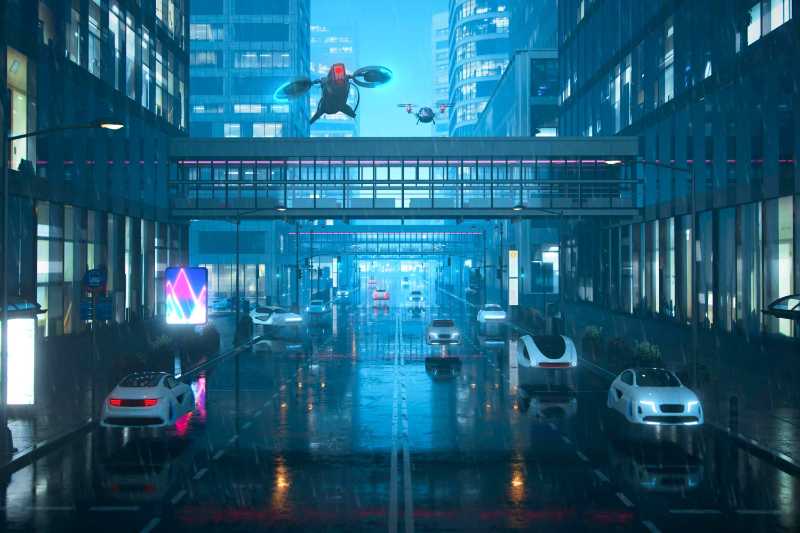 futuristic sci fi city with flying vehicles - jigsaw puzzle