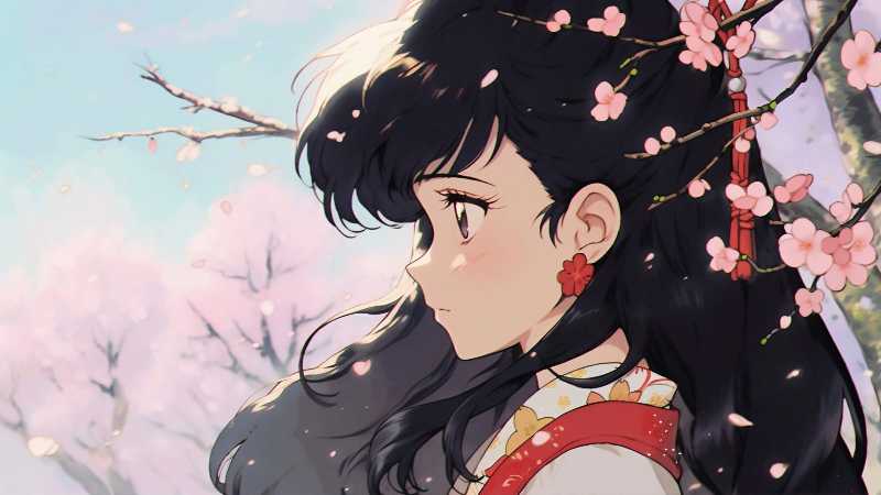 Mädchen im Kimono unter Kirschblütenbäumen