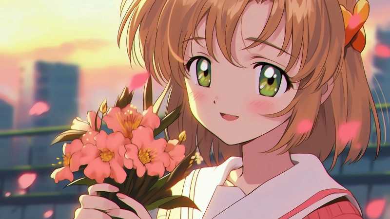 Mädchen mit grünen Augen hält rosa Blumen