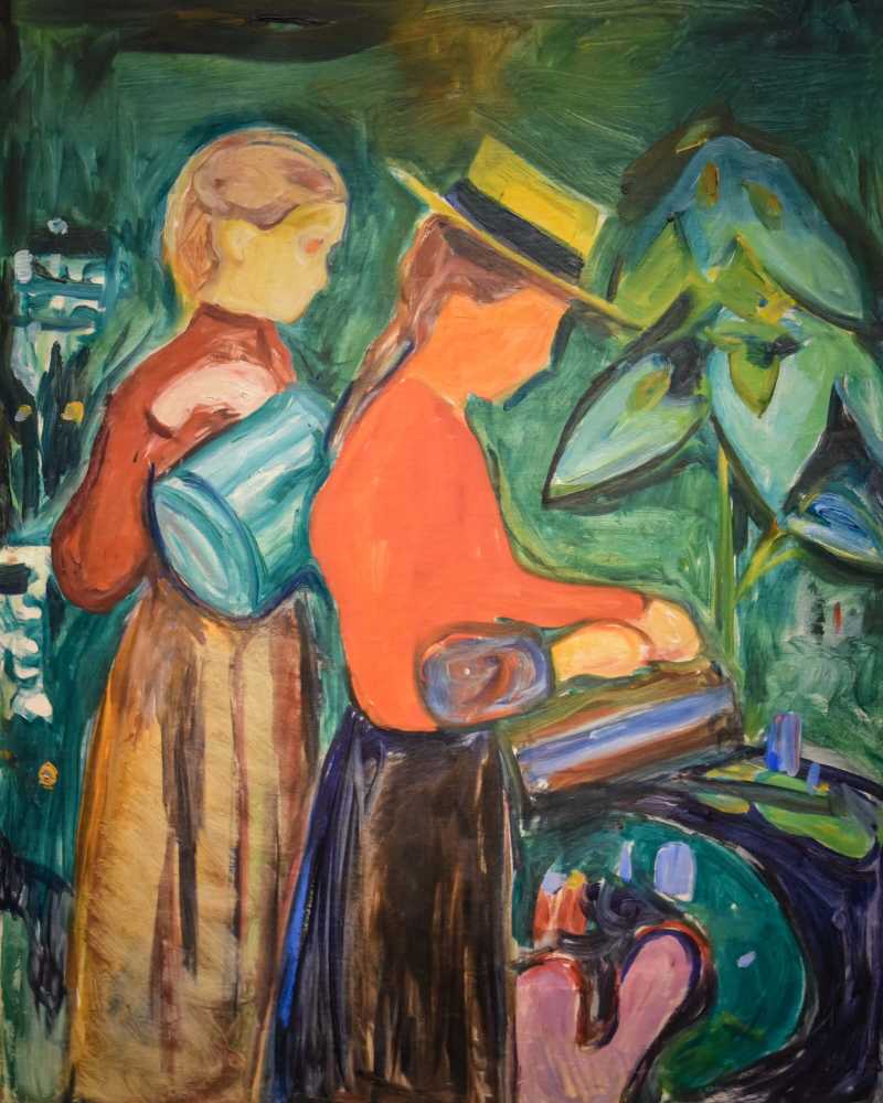 Girls Watering Flowers