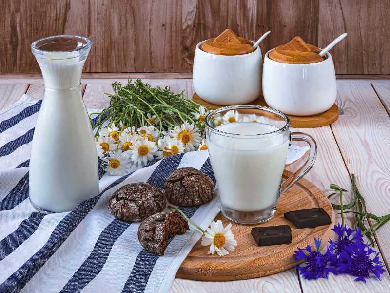 A glass of milk a bottle of milk and chocolate chip cookies on a tablecloth on a table