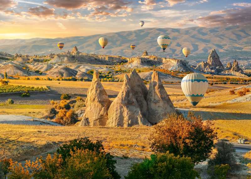 Golden Hour View of Rock Formations and Balloon Rides in Goreme Valley