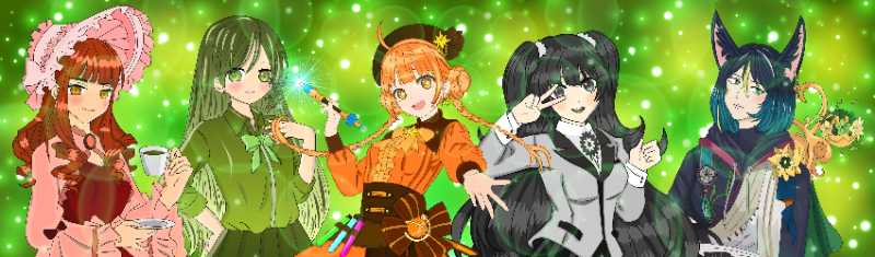 Grupo de cinco garotas de anime com roupas e penteados diversos