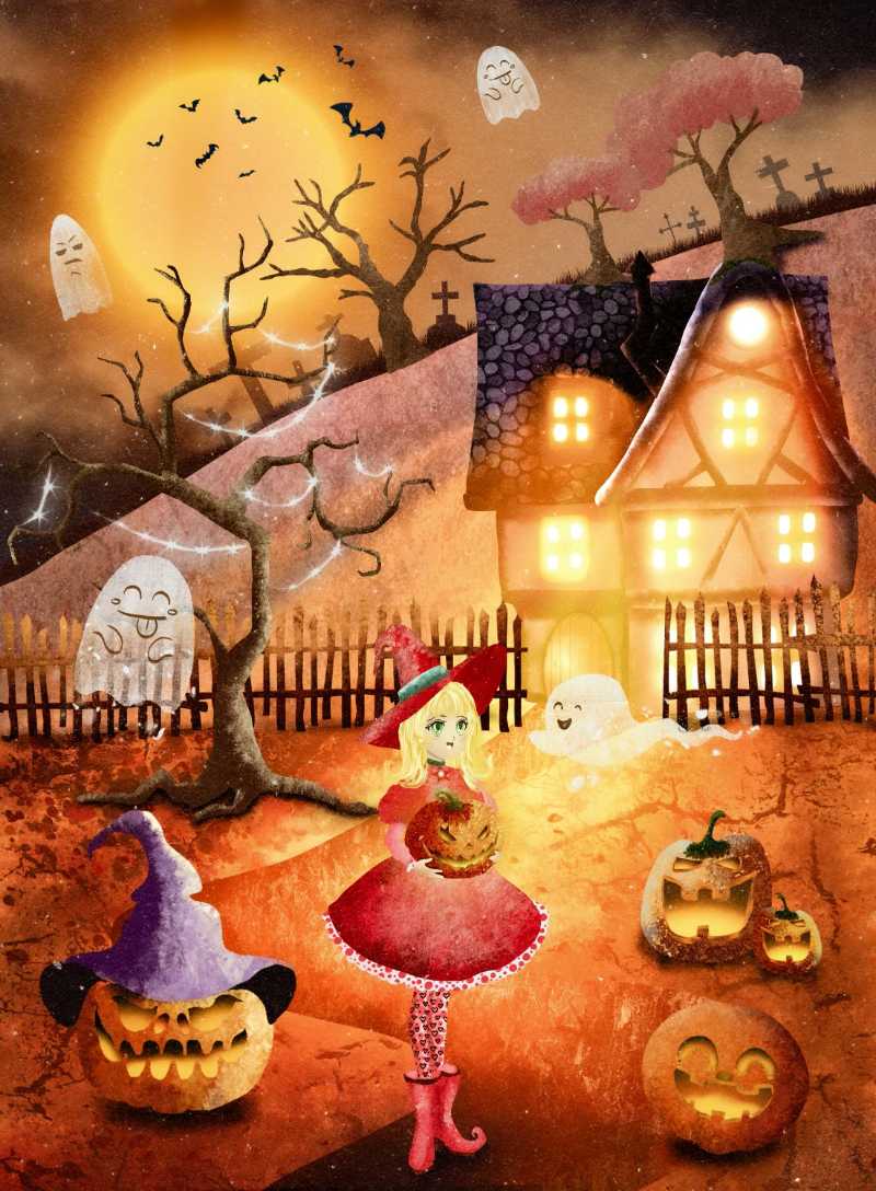 Dressed up girl and halloween pumpkin - jigsaw puzzle