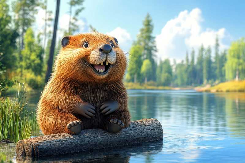 Happy Cartoon Beaver Sitting on a Log in a Lake