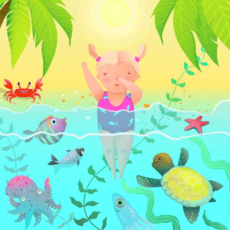 Happy Little Girl Swimming in Tropical Sea Colorful Summer Vacation
