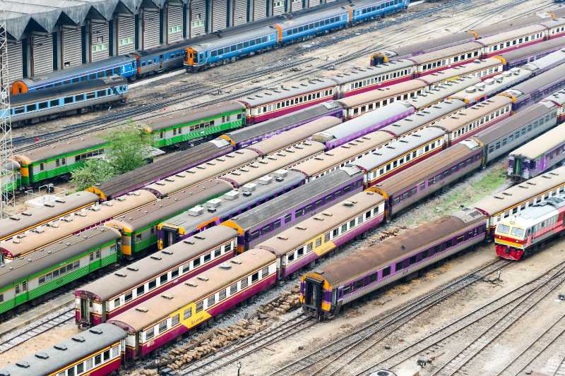High angle view of trains