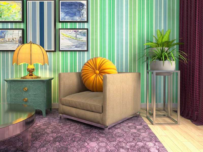 Intérieur élégant avec murs rayés et fauteuil