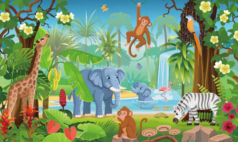 ジャングルの風景と花と野生動物のパノラマ