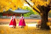 韓服を着た女性たちが公園宮殿を歩く - ジグソーパズル