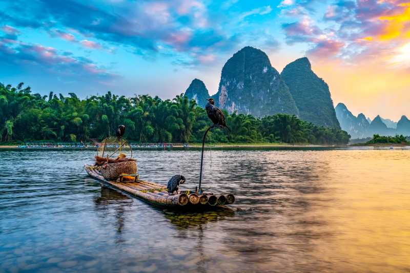 Landscape and bamboo rafts of lijiang river in guilin guangxi