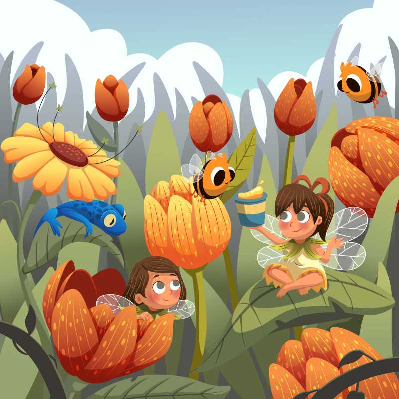 Little Fairies Bees and Blue Frog Kids Storybook Art