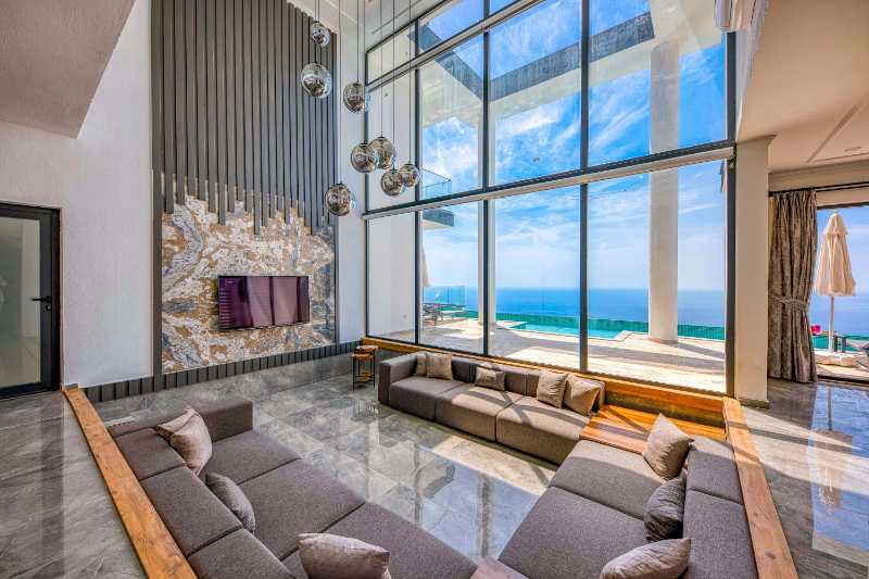 Luxurious modern living room with ocean view