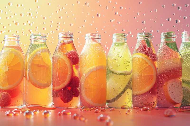 Molte bottiglie di soda ghiacciata alla frutta