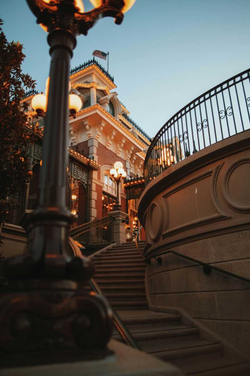 a street light sitting on the side of a set of stairs - jigsaw puzzle