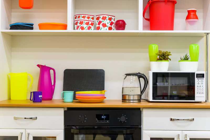 modern colorful kitchen interior and many kitchen utensils