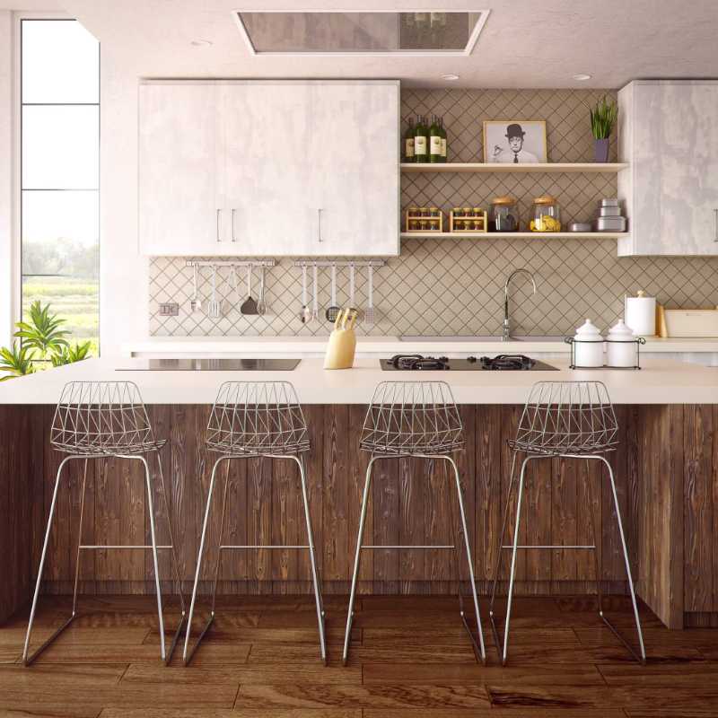 Modern Rustic Kitchen Design Wood Island Wire Stools and Minimalist Cabinets