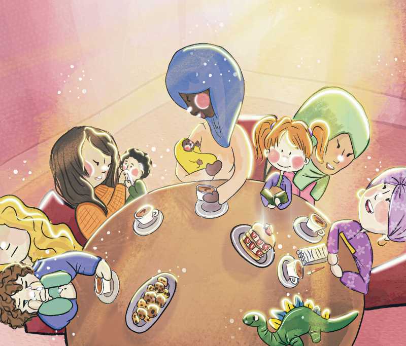 Children and mothers at the table - jigsaw puzzle