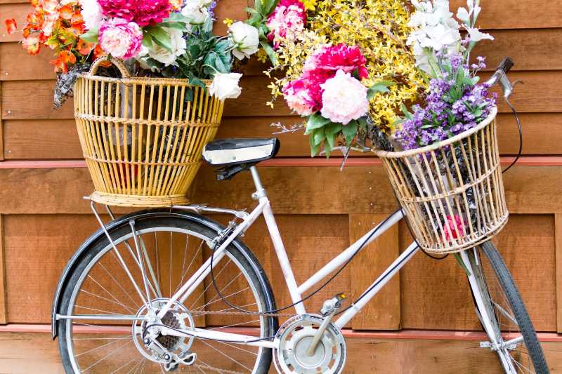 Altes Fahrrad mit Körben voller bunter Blumen