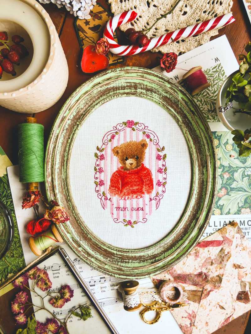 Oval Frame with Handmade Teddy Bear Cross Stitch Art