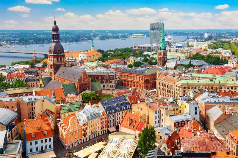 Panoramic view of the old city of riga latvia from the tower church of st peter