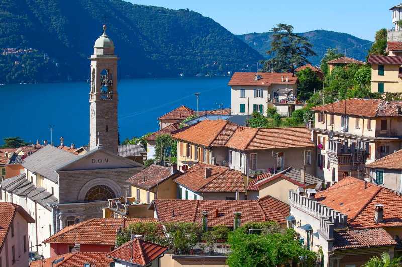 Picturesque Bell Tower and Rooftops Overlooking Lake Como