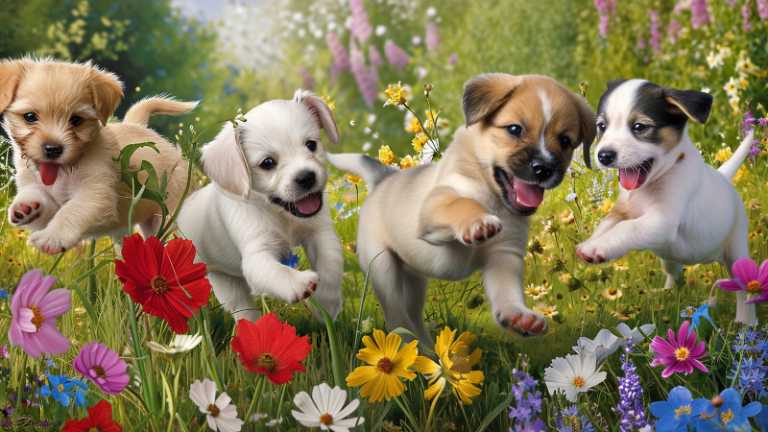 playful scene puppies frolicking field wildflowers