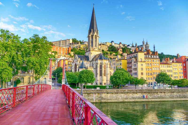 Pont de la Feuillée bridge and Saint Georges church in Lyon France