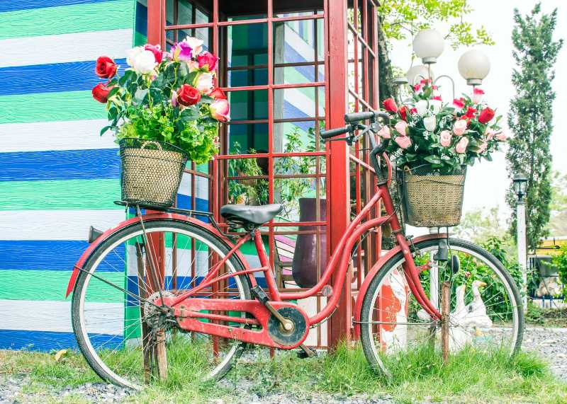 Vintage Red Bicycle with Flower Baskets