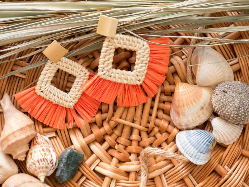 Rattan Earrings and Seashells in Brown Woven Basket