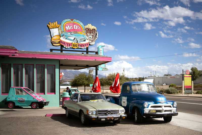 Retro American Road Trip Route 66 Diner and Old Trucks
